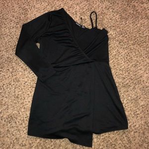Black one sleeve mock wrap romper